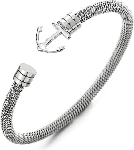 COOLSTEELANDBEYOND Unisex Thin Steel Marine Anchor Mesh Cable Bangle Bracelet for Men Women, Polished, Adjustable in Saudi Arabia
