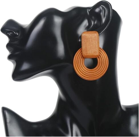 MIGUO STORE أقراط دائرية من الخشب الطبيعي مجوفة هندسية خفيفة الوزن على شكل دائرة متدلية على شكل دائرة بوهيمية خشبية مستطيلة للنساء والفتيات in Saudi Arabia