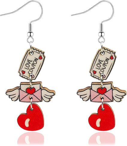 Valentines Day Dangle Earrings for Women Girls Pink Red LOVE Heart Balloon Milk Tea Dangling Drop Earrings Valentine’s Day Wooden Painted Earrings for Valentine’s Day Gifts in Saudi Arabia