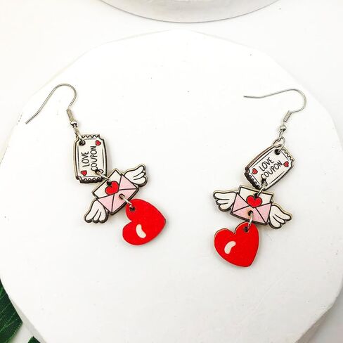 Valentines Day Dangle Earrings for Women Girls Pink Red LOVE Heart Balloon Milk Tea Dangling Drop Earrings Valentine’s Day Wooden Painted Earrings for Valentine’s Day Gifts in Saudi Arabia
