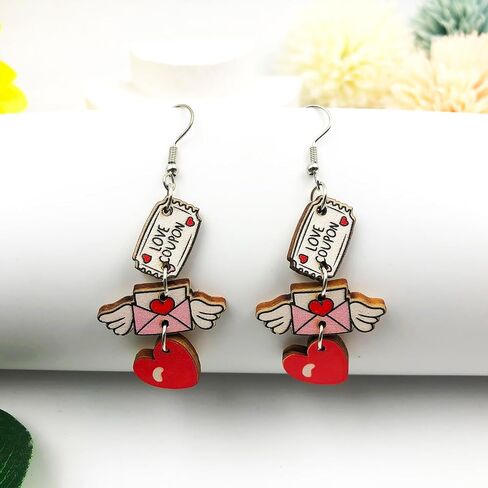 Valentines Day Dangle Earrings for Women Girls Pink Red LOVE Heart Balloon Milk Tea Dangling Drop Earrings Valentine’s Day Wooden Painted Earrings for Valentine’s Day Gifts in Saudi Arabia
