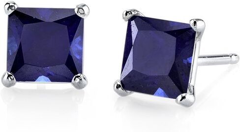 Peora Solid 14K White Gold Created Blue Sapphire Stud Earrings for Women, 2.75 Carats Princess Cut AAA Grade, Hypoallergenic Solitaire, Friction Back in Saudi Arabia