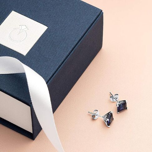 Peora Solid 14K White Gold Created Blue Sapphire Stud Earrings for Women, 2.75 Carats Princess Cut AAA Grade, Hypoallergenic Solitaire, Friction Back in Saudi Arabia