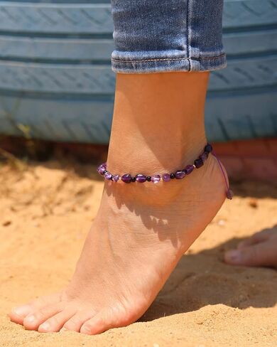 Jewever الأحجار الكريمة الطبيعية شفاء بلورات خلخال الحجارة أساور الكاحل للنساء ريكي القلق حجر اليوغا التأمل التوازن الصيف الشاطئ مجوهرات القدم (8.5 "-10") in Kuwait