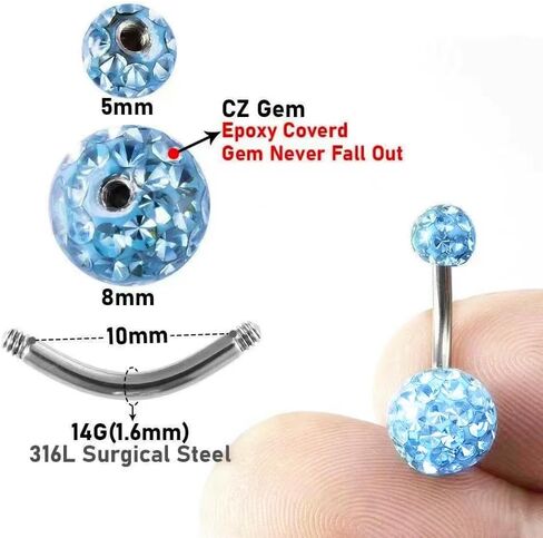 Heuvipens 8 قطعة الجراحية الصلب ثقب السرة المغلفة تشيكوسلوفاكيا كريستال الكرة قصيرة البطن خاتم على شكل زر الحديد طقم مجوهرات للجسم in Kuwait