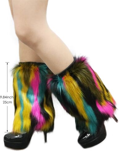 Popuid Tie Dye Women Furry Leg Warmers Faux Fur Boot Covers Fluffies Cuffs, 9.8" Tall (Hot Pink-Turquoise) in Kuwait