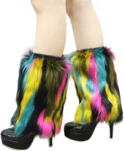 Popuid Tie Dye Women Furry Leg Warmers Faux Fur Boot Covers Fluffies Cuffs, 9.8" Tall (Hot Pink-Turquoise) in Kuwait