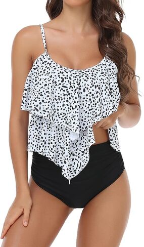MISSKY Tankini Swimsuit for Women Tummy Control Bathing Suit Tiered Flounce Top with High Waisted Bottom Two Piece Bikini Set in Kuwait