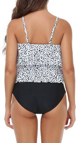 MISSKY Tankini Swimsuit for Women Tummy Control Bathing Suit Tiered Flounce Top with High Waisted Bottom Two Piece Bikini Set in Kuwait