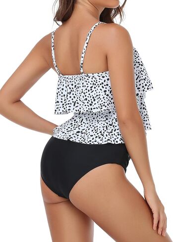 MISSKY Tankini Swimsuit for Women Tummy Control Bathing Suit Tiered Flounce Top with High Waisted Bottom Two Piece Bikini Set in Kuwait