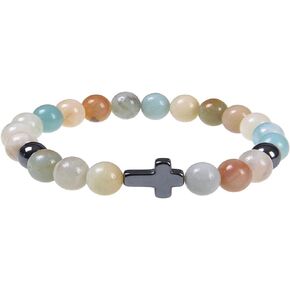 Handmade Religion Cross Natural Colorful 8mm Stone Beads Bracelet Stretch Elastic Link Bangle Friendship Couple Adjustable Jewelry for Women Men