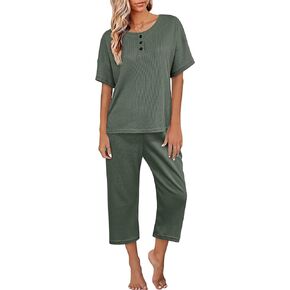 JiniGolla Womens Pajama Sets Waffle Short Sleeve Top and Capri Pants Sleepwear Pjs Two Piece Lounge Set with Pockets