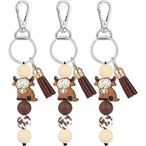 Tondiamo 3 Pcs Highland Cow Keychain Highland Cow Gifts Cute Animal Keychains Scottish Cattle Silicon Bead Key Chains with Tassel for Women Men Girls Boys Car Backpack Wallet Keyring Accessories