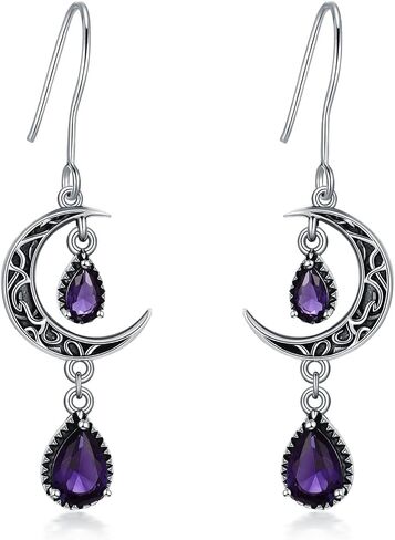 VONALA Moon Earrings for Women 925 Sterling Silver Celtic Moon Dangle Drop Earrings Emerald / Amethyst / Ruby / Sapphire/ Pink / Peridot / Aquamarine / Citrine / Black / Rainbow Topaz Dangling Earrings Celtic Jewelry Gifts for Women Teens Girls in Saudi Arabia
