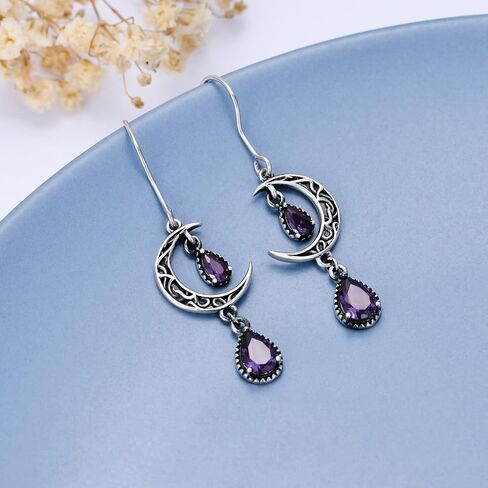 VONALA Moon Earrings for Women 925 Sterling Silver Celtic Moon Dangle Drop Earrings Emerald / Amethyst / Ruby / Sapphire/ Pink / Peridot / Aquamarine / Citrine / Black / Rainbow Topaz Dangling Earrings Celtic Jewelry Gifts for Women Teens Girls in Saudi Arabia