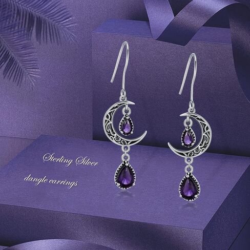 VONALA Moon Earrings for Women 925 Sterling Silver Celtic Moon Dangle Drop Earrings Emerald / Amethyst / Ruby / Sapphire/ Pink / Peridot / Aquamarine / Citrine / Black / Rainbow Topaz Dangling Earrings Celtic Jewelry Gifts for Women Teens Girls in Saudi Arabia