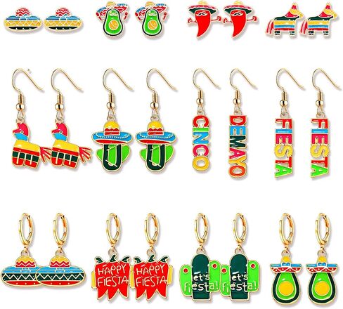9-18 Pairs Mexican Fiesta Earrings, Cinco De Mayo Earrings, Mardi Gras Earrings, St.Patrick's Day Earrings Set, Easter Earrings Holiday Accessories Party Favors Gifts in Saudi Arabia
