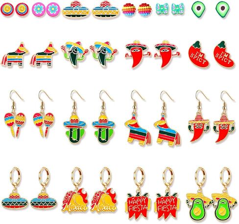 9-18 Pairs Mexican Fiesta Earrings, Cinco De Mayo Earrings, Mardi Gras Earrings, St.Patrick's Day Earrings Set, Easter Earrings Holiday Accessories Party Favors Gifts in Saudi Arabia
