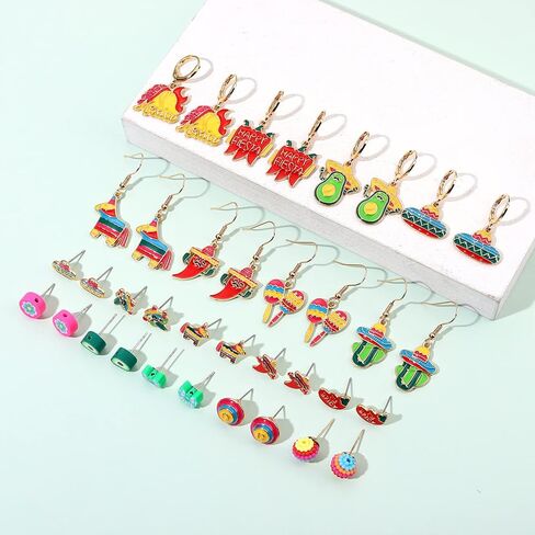 9-18 Pairs Mexican Fiesta Earrings, Cinco De Mayo Earrings, Mardi Gras Earrings, St.Patrick's Day Earrings Set, Easter Earrings Holiday Accessories Party Favors Gifts in Saudi Arabia