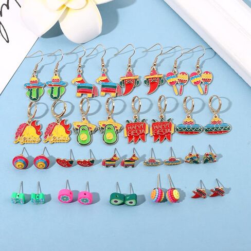9-18 Pairs Mexican Fiesta Earrings, Cinco De Mayo Earrings, Mardi Gras Earrings, St.Patrick's Day Earrings Set, Easter Earrings Holiday Accessories Party Favors Gifts in Saudi Arabia