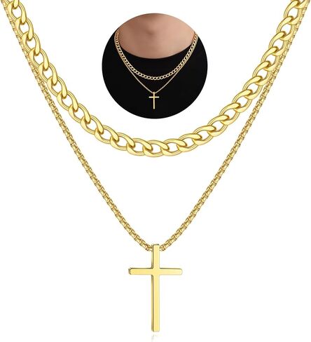 FIRAZIO الطبقات الصليب قلادة للرجال 14K الذهب والفضة الفولاذ المقاوم للصدأ الكوبية ربط سلسلة قلادة للرجال هدايا المجوهرات الدينية in Kuwait