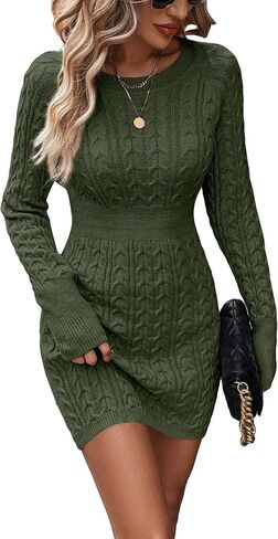 GORGLITTER Women's Raglan Sleeve Cable Knit Sweater Dress Crewneck Slim Fit Short Pencil Dresses in Kuwait