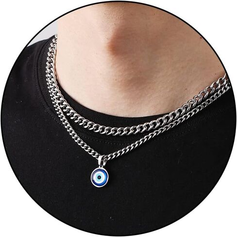 RS Evil Eye Necklace for Men Boys, Stainless Steel Cuban Link Layered Chain with Blue Third Eye Pendant, Protection Jewelry GiftS, 16-24 Inch in Saudi Arabia