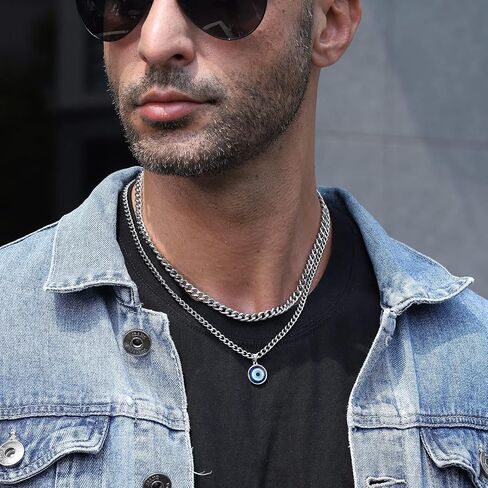 RS Evil Eye Necklace for Men Boys, Stainless Steel Cuban Link Layered Chain with Blue Third Eye Pendant, Protection Jewelry GiftS, 16-24 Inch in Saudi Arabia