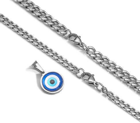 RS Evil Eye Necklace for Men Boys, Stainless Steel Cuban Link Layered Chain with Blue Third Eye Pendant, Protection Jewelry GiftS, 16-24 Inch in Saudi Arabia