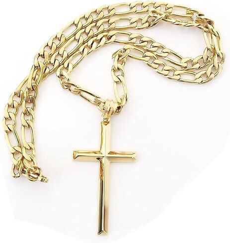 ADORATO JEWELRY 14K Gold Figaro Chain Style Cross Pendant Necklace 4MM Cross Necklace Clasp for MEN, HUSBAND Thin for Charms Miami Cuban Link Diamond Cut Religious Beveled Edge in Kuwait