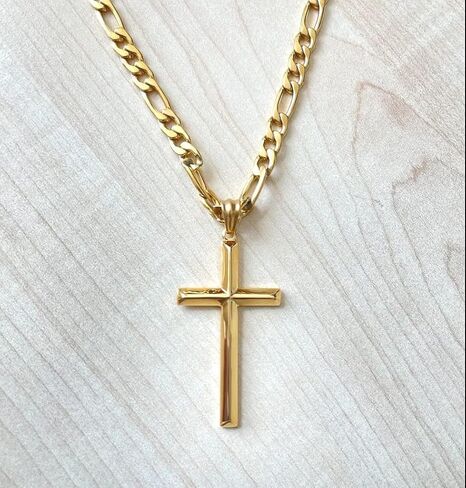 ADORATO JEWELRY 14K Gold Figaro Chain Style Cross Pendant Necklace 4MM Cross Necklace Clasp for MEN, HUSBAND Thin for Charms Miami Cuban Link Diamond Cut Religious Beveled Edge in Kuwait