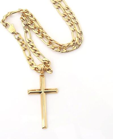 ADORATO JEWELRY 14K Gold Figaro Chain Style Cross Pendant Necklace 4MM Cross Necklace Clasp for MEN, HUSBAND Thin for Charms Miami Cuban Link Diamond Cut Religious Beveled Edge in Kuwait