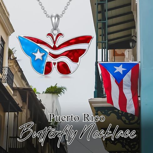 LEECCI Puerto Rico Necklace 925 Sterling Silver Puerto Rico Flag Butterfly Pendant Puerto Rico Jewelry Gifts for Men Women Puerto Ricans in Kuwait