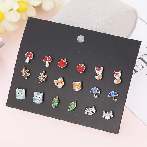 Ankexin 30 زوجًا من الفولاذ المقاوم للصدأ على شكل حيوانات مختلطة على شكل قلب ونجمة خنفساء ونحلة لشجرة الفطر الضفدع ومظلة الأقحوان طقم من الحلقان Ki in Kuwait