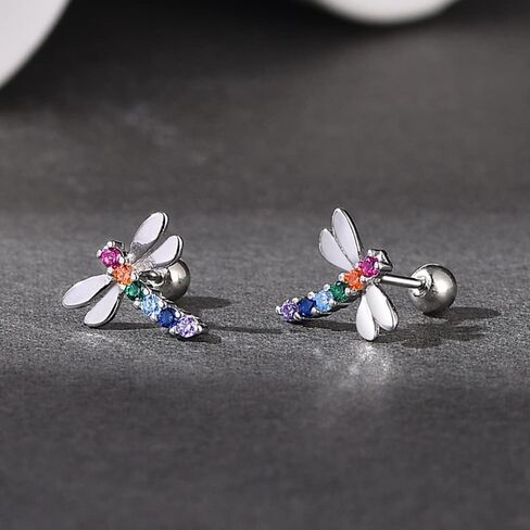 20g Dragonfly CZ Rainbow Colorful Minimalist Real 925 Sterling Silver Tiny Mini Cute Small Cartilage Stud Earrings for Women Teen Girls Little Sensitive Ear Dainty Simple Huggie Piercing Post Screw in Saudi Arabia