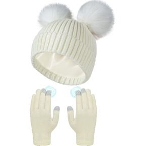 2 Pieces Satin Lined Winter Hats Women Pompon Beanies Winter Knitted Pom Hat Touchscreen Gloves Set for Women