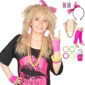 Miss U Hair 80s Wig Rocker Costume Set - Glam Rock Wig with Headband, Biker Glove, Tattoo Sleeve, Wristband, 80s Outfit for Men in Saudi Arabia