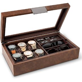 Glenor Co Valet Jewelry Box for Men - Holds 6 Watches, 12 cufflinks, 2 Sunglasses & Tray Storage - Mens Watch Case - Organizer w Metal Accents, PU Leather & Large Glass Lid - Brown in Kuwait