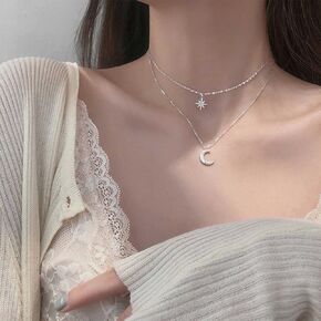 YienDoo Boho Layered Star Moon Choker Necklace Chain Silver Crescent Moon Octagram Star Pendant Necklace Funky Rhinestone Moon Necklace Star Choker Stacked Necklace Jewelry for Women and Girls