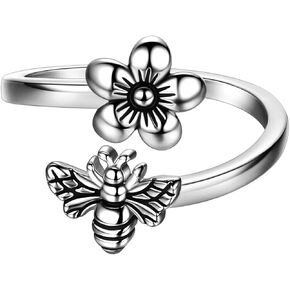 بيوتلاس العسل النحل والزهور خاتم قابل للتعديل فضي/18 قيراط ذهبي/أسود مطلي أقحوان زهرة النحل مفتوحة خاتم مجوهرات هدية للنساء الفتيات زوجة ابنة أمي KR0030 in Kuwait