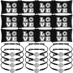 Sweetude 24 Pcs Soccer Gifts 12 Pcs Soccer Makeup Bag 12 Pcs Adjustable Soccer Bracelet Soccer Accessories Gifts for Boys Girls Team Players Soccer Birthday Party Favors Supplies Travel Charms (Black)