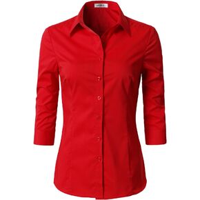 DOUBLJU Womens Basic Slim Fit Simple 3/4 Sleeve Button Down Shirt with Plus Size