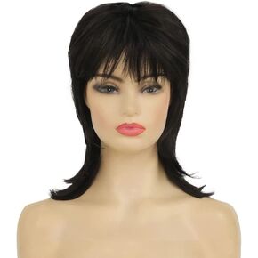 Kaneles Black Mullet Wig with Bangs for Women 70s 80s Natural Shaggy Layered Synthetic Hair Women Costume Wig Unisex Adult (Black)