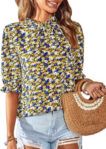 BTFBM Women's Summer Boho Shirt Top Ruffle Short Sleeve Frill Trim Mock Neck Floral Solid 2023 Casual Blouses Shirts Tops in Kuwait