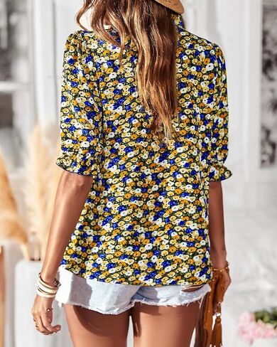 BTFBM Women's Summer Boho Shirt Top Ruffle Short Sleeve Frill Trim Mock Neck Floral Solid 2023 Casual Blouses Shirts Tops in Kuwait