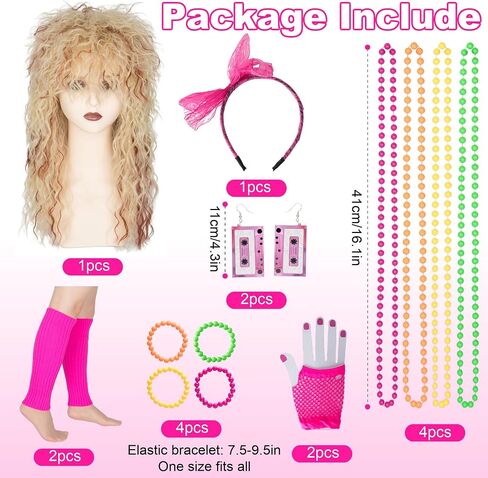 مجموعة أزياء Miss U Hair 80s Wig Rocker - شعر مستعار جلام روك مع عصابة رأس، قفاز راكب الدراجة النارية، أكمام وشم، سوار معصم، ملابس الثمانينيات للرجال in Kuwait