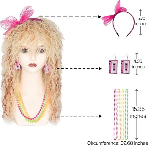 مجموعة أزياء Miss U Hair 80s Wig Rocker - شعر مستعار جلام روك مع عصابة رأس، قفاز راكب الدراجة النارية، أكمام وشم، سوار معصم، ملابس الثمانينيات للرجال in Kuwait