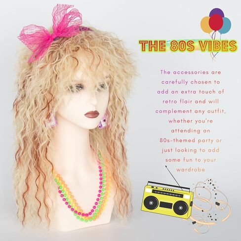 مجموعة أزياء Miss U Hair 80s Wig Rocker - شعر مستعار جلام روك مع عصابة رأس، قفاز راكب الدراجة النارية، أكمام وشم، سوار معصم، ملابس الثمانينيات للرجال in Kuwait