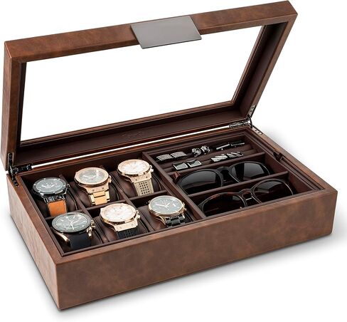 Glenor Co Valet Jewelry Box for Men - Holds 6 Watches, 12 cufflinks, 2 Sunglasses & Tray Storage - Mens Watch Case - Organizer w Metal Accents, PU Leather & Large Glass Lid - Brown in Kuwait