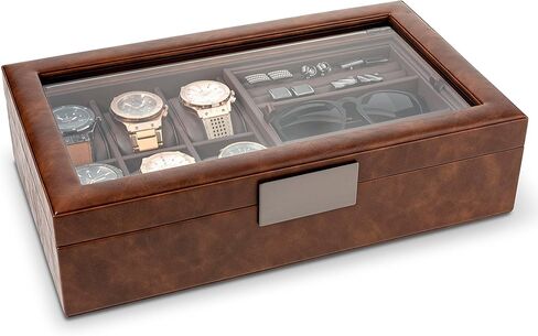 Glenor Co Valet Jewelry Box for Men - Holds 6 Watches, 12 cufflinks, 2 Sunglasses & Tray Storage - Mens Watch Case - Organizer w Metal Accents, PU Leather & Large Glass Lid - Brown in Kuwait